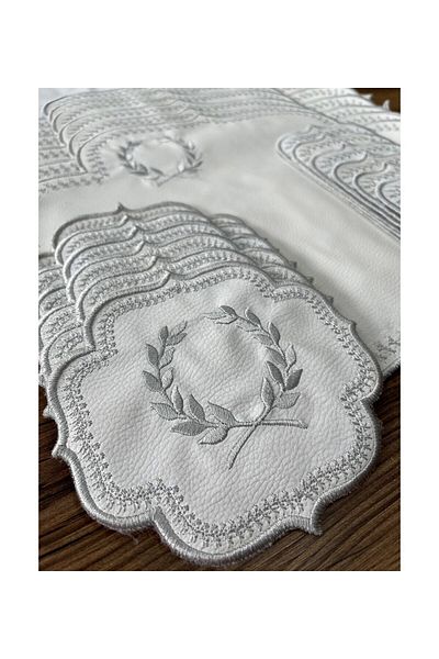 Bonny Home Virgo Cream Silver 12-Person 37-Piece American Service and Runner Σετ Κεντημένο Δερμάτινο Σετ παρουσίασης τραπεζαρίας