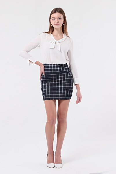 SEZER AKTAŞ LACİVERT KARELİ DAR MİNİ ETEK