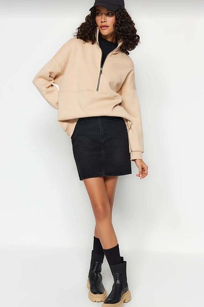 ESSFASIHON Unisex Πλεκτό φούτερ με μισό φερμουάρ με όρθιο γιακά με χοντρό φλις εσωτερικά