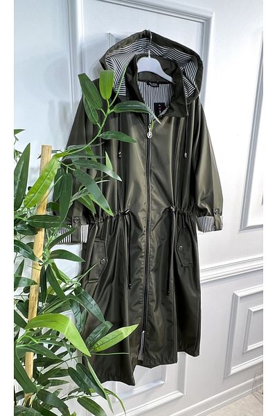 Aşkı Endam Dream Plus Size Αποσπώμενη κουκούλα με ρίγες μεσαίου μήκους Trench - Χακί