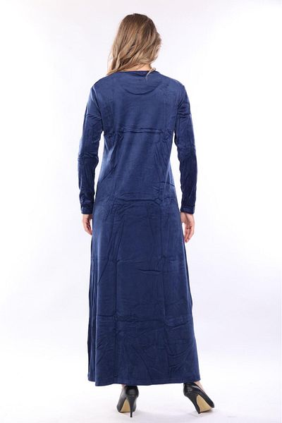 mervemoda Γυναικείο βελούδινο μακρύ φόρεμα Navy blue με λεπτομέρεια κεντήματος μπροστά