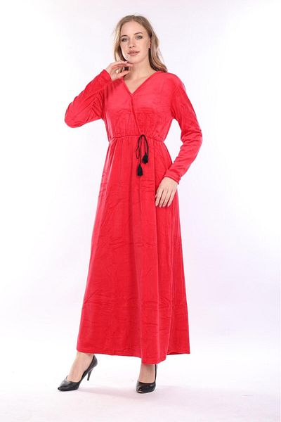 mervemoda Rochie de damă roșie cu guler dublu, lungă din catifea
