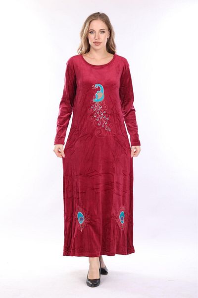 mervemoda Rochie de damă din catifea, cu broderie frontală, detaliată de culoare Burgundy