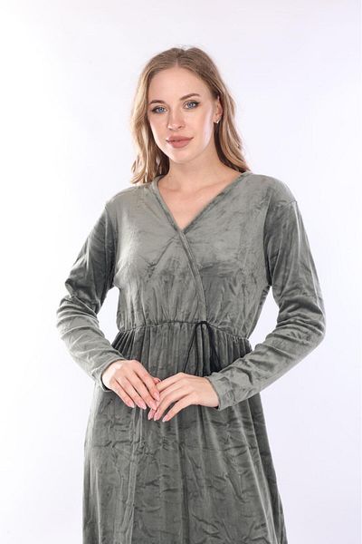 mervemoda Γυναικείο μακρύ βελούδινο φόρεμα με διπλό γιακά Χακί