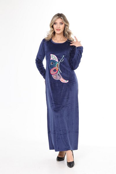 mervemoda Women's Navy blue long velvet dress with embroidery detail on the front