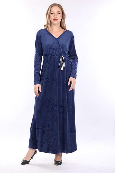 mervemoda Γυναικείο μακρύ βελούδινο φόρεμα Navy μπλε με διπλό γιακά