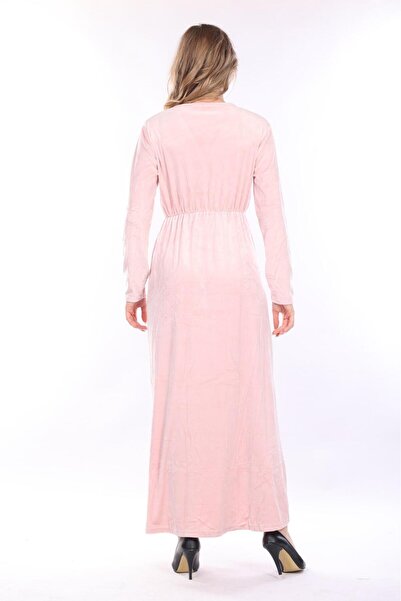 mervemoda Γυναικείο ροζ μακρύ βελούδινο φόρεμα με διπλό γιακά