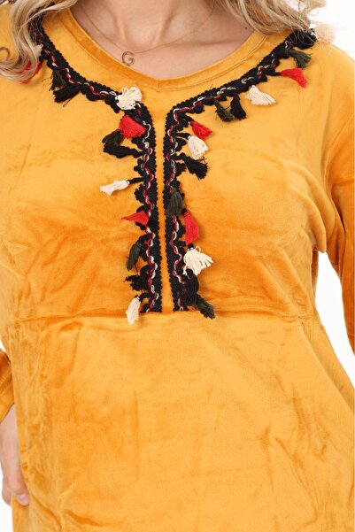 mervemoda Mustard Collar Tassel Detailed Velvet Women's Dress