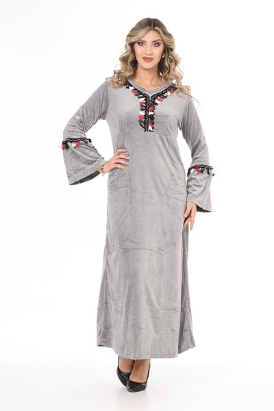 mervemoda Women's Gray neckline tassel detailed long velvet dress