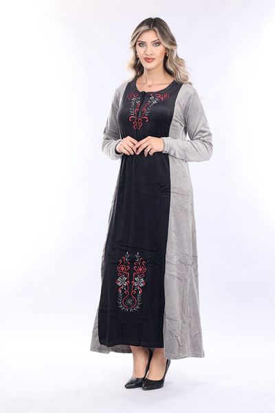mervemoda Women's Gray neckline embroidery detailed long velvet dress