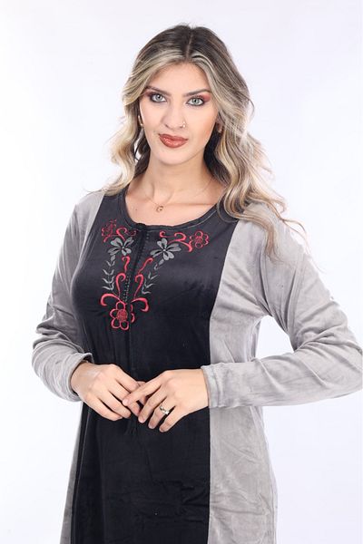 mervemoda Women's Gray neckline embroidery detailed long velvet dress