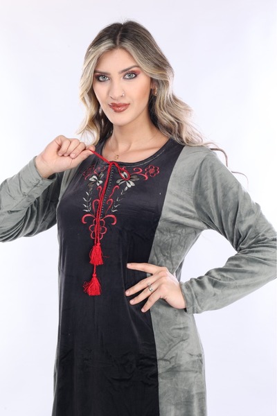 mervemoda Γυναικείο μακρύ βελούδινο φόρεμα με κέντημα με γιακά Χακί