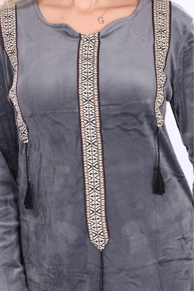 mervemoda Γκρι ριγέ βελούδινο γυναικείο φόρεμα