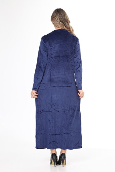 mervemoda Γυναικείο μακρύ βελούδινο φόρεμα με κέντημα σε μπλε γιακά