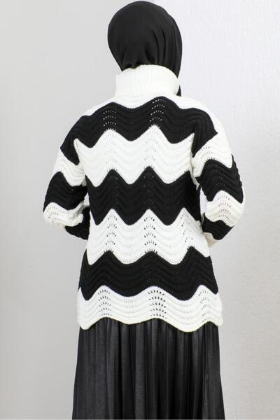 benguen 7003 Turtleneck Wave Patterned Knitwear Sweater Ecru