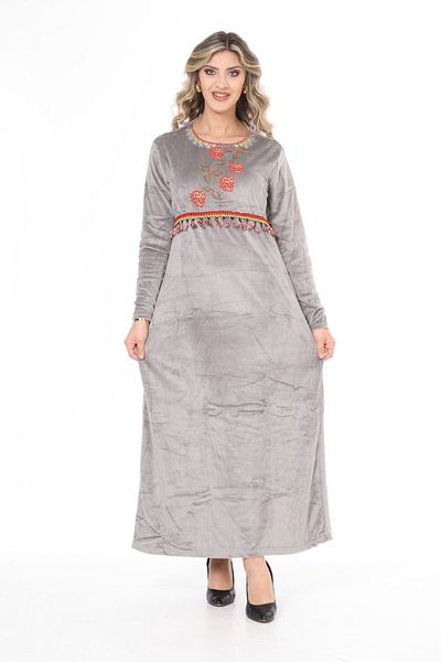 mervemoda Women's Gray neckline embroidery detailed long velvet dress