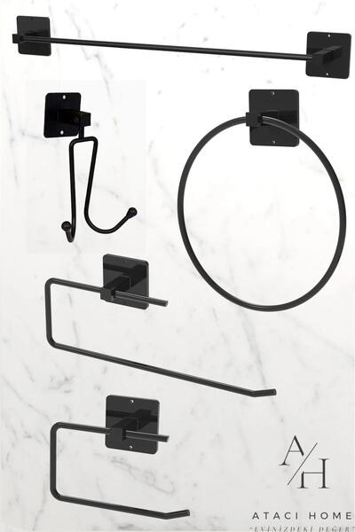 ATACI Yapışkanlı 5 li Siyah Uzun Havlu Askısı Wc Tuvalet Kağıtlık Rulo Havlul...