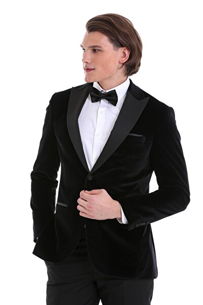 Hatemoğlu Siyah Slim Fit Düz Sivri Yaka Kadife Klasik Damatlık