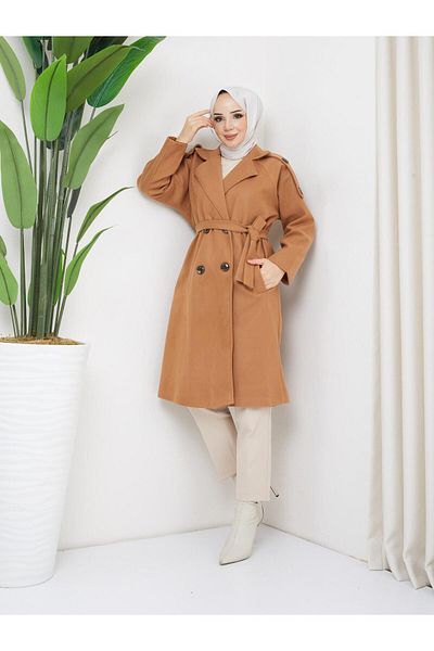 Smymoda σταμπωτό γυναικείο παλτό με ζώνη με κουμπιά με επένδυση