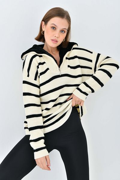 VOLT CLOTHİNG Damen Strickpullover mit Kragen, Pelz und Reißverschluss, gestreift