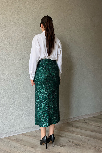 Seda Yalçın Atelier Fusta midi cu paiete verde petrol, cu fermoar, cu detaliu cu fante