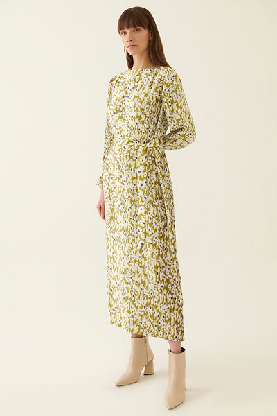 Perspective Jesmiel Regular Fit Crew Neck Below Knee Floral Patterned Pistachio Green Color Dress