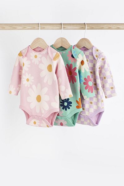 Next Baby 100% Cotton Sage Green Floral Long Sleeve 3-Piece Bodysuit
