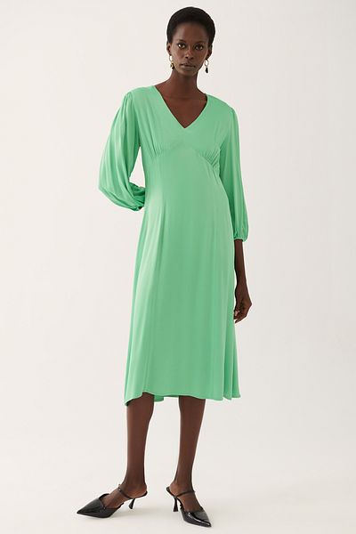 Perspective Angely Regular Fit V-neck Midi Length Apple Green Color Dress