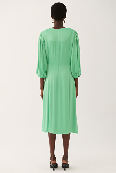 Perspective Angely Regular Fit V-neck Midi Length Apple Green Color Dress