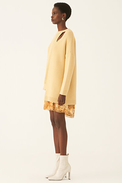 Perspective Mayra Regular Fit U-Neck Strap Above Knee Honey Color Knitwear Dress