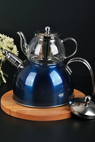 Paçi Düdüklü Çelik Cam Çaydanlık Takımı Parlak Mavi