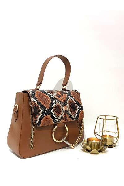 womenacs Tan Color Anaconda Patterned Cover Chain Accessory Women's Handbag with Shoulder Strap