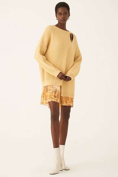 Perspective Mayra Regular Fit U-Neck Strap Above Knee Honey Color Knitwear Dress