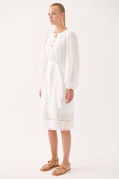 Perspective Madis Comfortable Fit Crew Neck Below Knee Ecru Color Dress