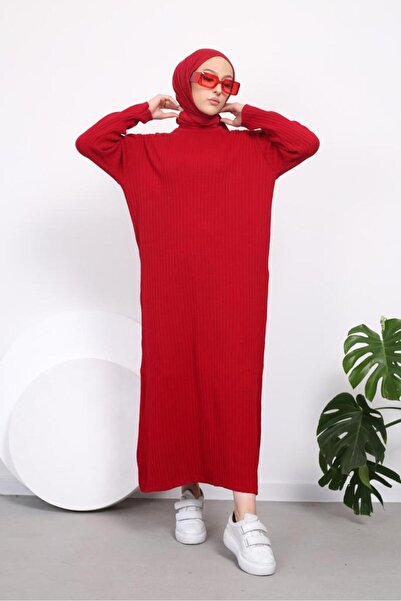 FATELLA Kadın Likralı Standart Beden Bisiklet Yaka Tam Boy Fitilli Triko Elbise