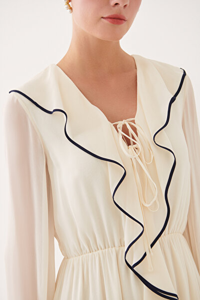 Perspective Roland Regular Fit V-neck Long Length Ecru Color Dress