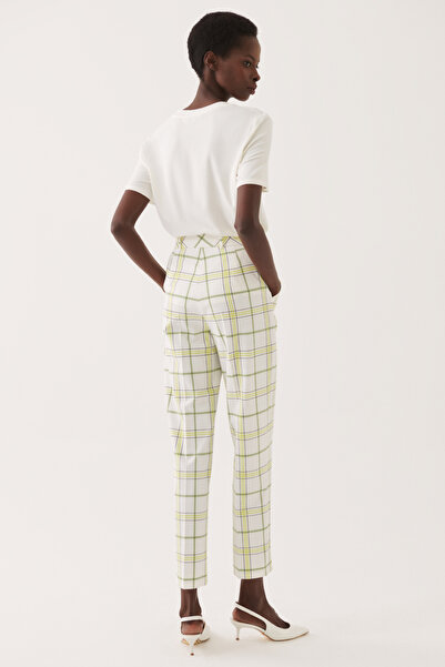 Perspective Adries Regular Fit Ankle Length Plaid Patterned High Waist Ecru Lime Color Women's Trousers