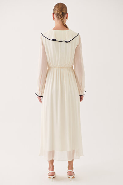 Perspective Roland Regular Fit V-neck Long Length Ecru Color Dress