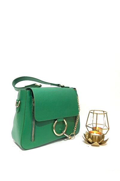 womenacs Green Color Covered Women's Handbag with Chain Accessories and Shoulder Strap