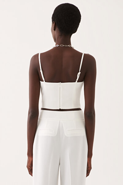 Perspective Martens Slim Fit V-neck Strap Ecru Color Women's Crop Blouse