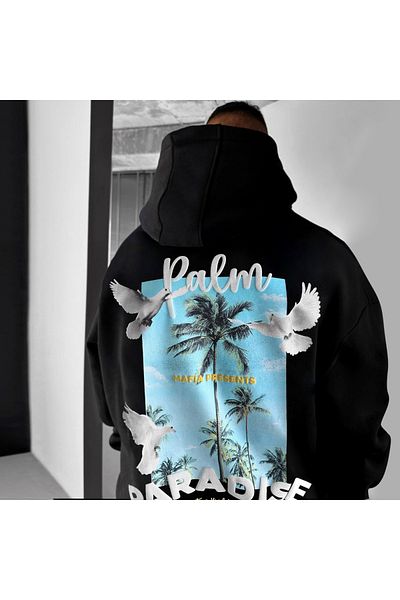 Benisengiydir Black Palm Paradise Printed Hooded Oversize Sweatshirt Men