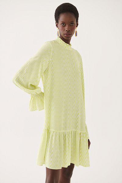 Perspective Anels Comfortable Fit Half Stand Collar Above Knee Geometric Patterned Ecru Lime Color Dress