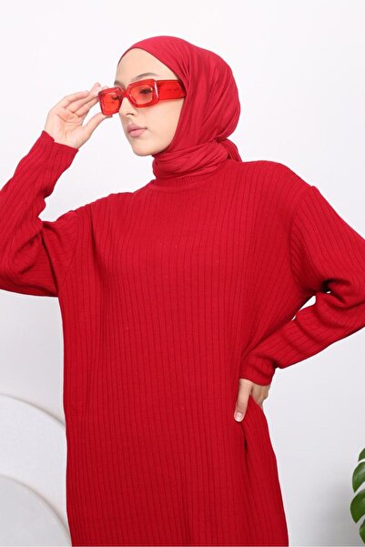 FATELLA Kadın Likralı Standart Beden Bisiklet Yaka Tam Boy Fitilli Triko Elbise