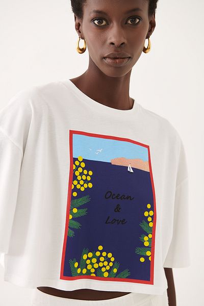 Perspective Γυναικείο μπλουζάκι Coras Comfortable Fit Crew Neck Crop Boy Ecru Color