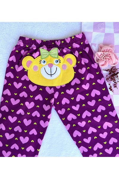 TD Collection 100% Cotton Girl's / Baby Pink Pants with Purple Heart and Teddy Bear Embroidery