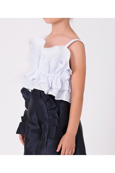 GOOSE Kız Çocuk İnce Askılı Büzgü Şeritli Ekru Bluz