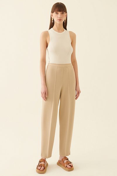 Perspective Illas Regular Fit Ankle Length High Waist Beige Color Women's Knitwear Trousers