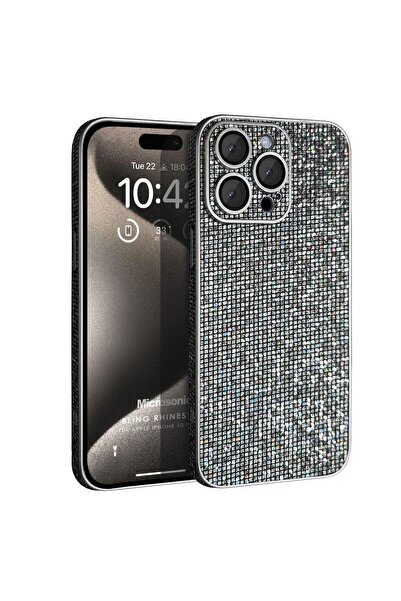 Microsonic Apple iPhone 15 Pro Max Kılıf Bling Rhinestones Koyu Gri