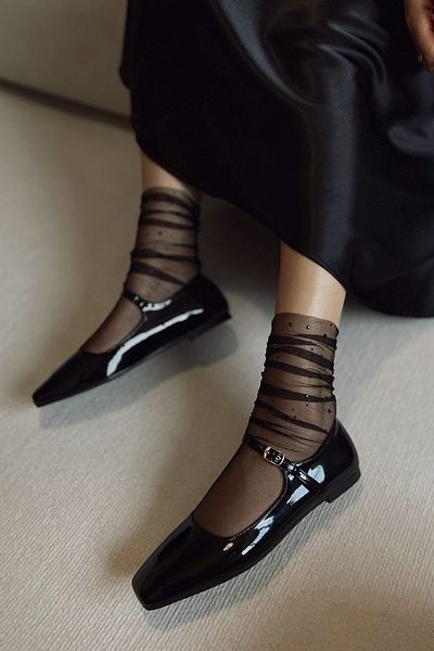 POLKA STORE Petite Black Patent Leather Closed Back Single Band Square Toe Hard Hat Women's Flat Shoes Mary Jane