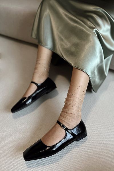POLKA STORE Petite Black Crinkled Patent Leather Closed Back Single Strap Square Toe Helmet Women's Ballerina Shoes Mary Jane